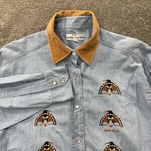 VTG Guess by Georges Marciano Chambray Denim Shirt‎ Corduroy Collar Embroidered